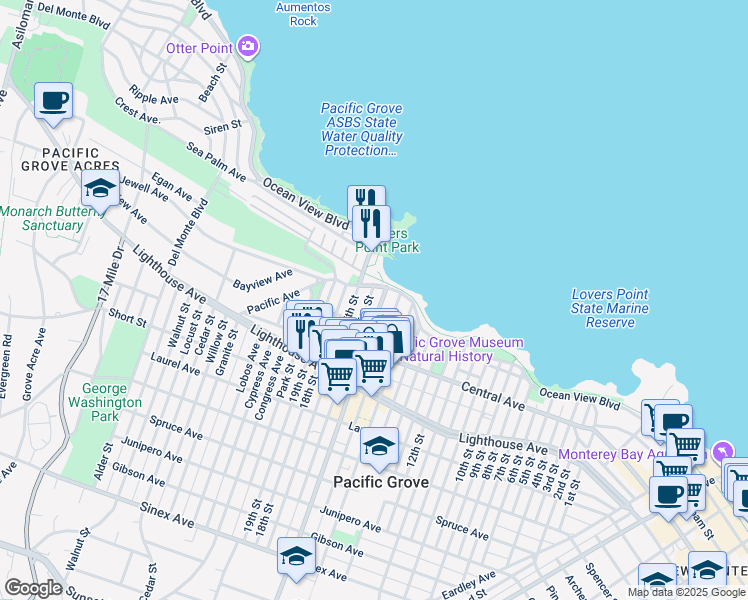 map of restaurants, bars, coffee shops, grocery stores, and more near 109 16th Street in Pacific Grove