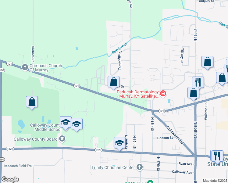 map of restaurants, bars, coffee shops, grocery stores, and more near 1230 Kentucky 121 in Murray