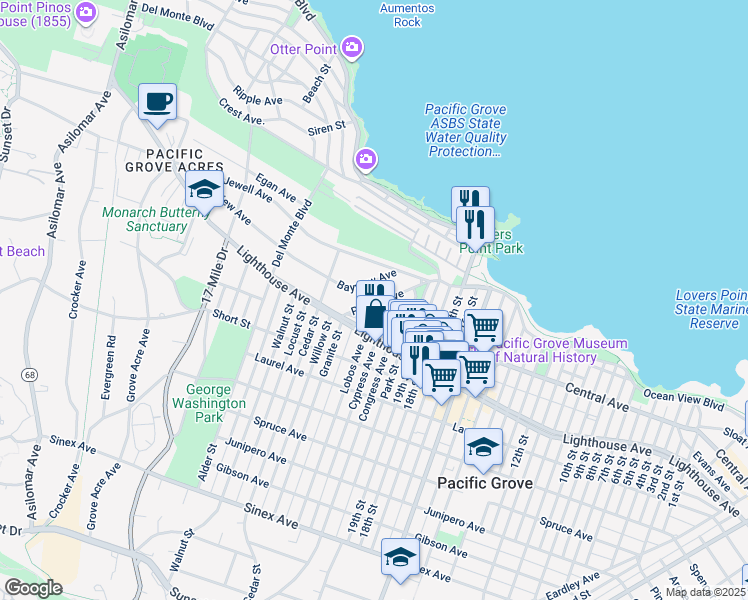 map of restaurants, bars, coffee shops, grocery stores, and more near 162 Pacific Avenue in Pacific Grove
