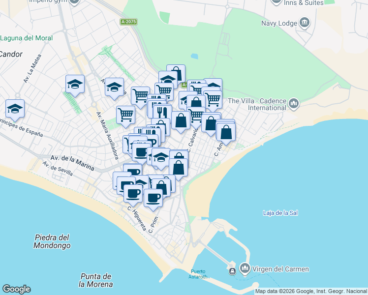 map of restaurants, bars, coffee shops, grocery stores, and more near 42 Calle Calderón de la Barca in Rota