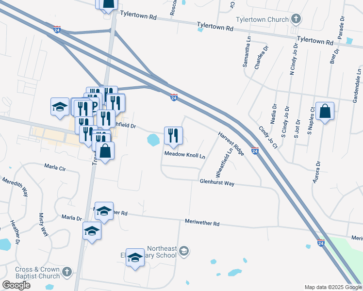 map of restaurants, bars, coffee shops, grocery stores, and more near 3717 Meadow Ridge Lane in Clarksville