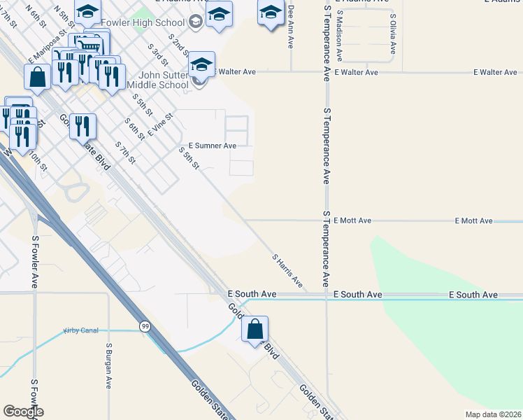 map of restaurants, bars, coffee shops, grocery stores, and more near 1803 East Mott Avenue in Fowler