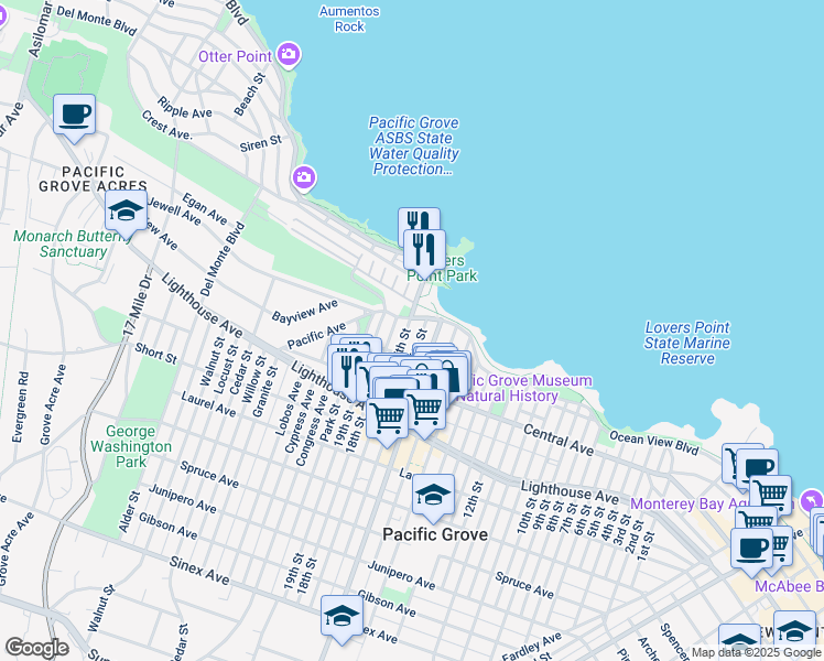 map of restaurants, bars, coffee shops, grocery stores, and more near 109 16th Street in Pacific Grove