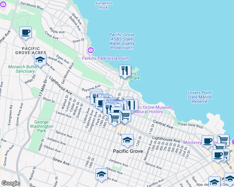 map of restaurants, bars, coffee shops, grocery stores, and more near 114 18th Street in Pacific Grove