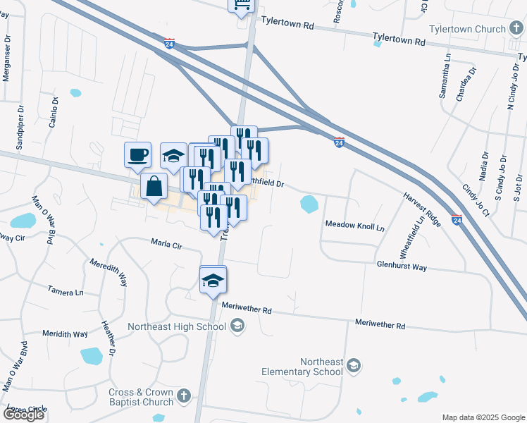 map of restaurants, bars, coffee shops, grocery stores, and more near 3865 Trenton Road in Clarksville