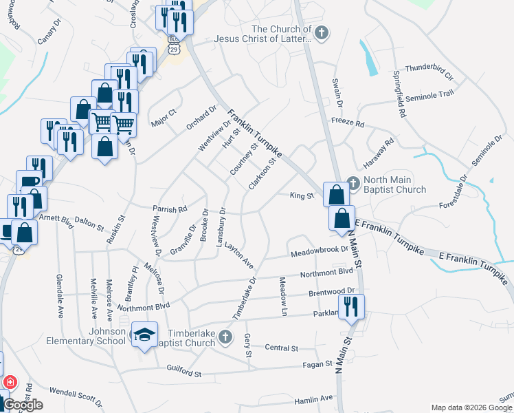map of restaurants, bars, coffee shops, grocery stores, and more near 301-399 Clarkson Dr in Danville