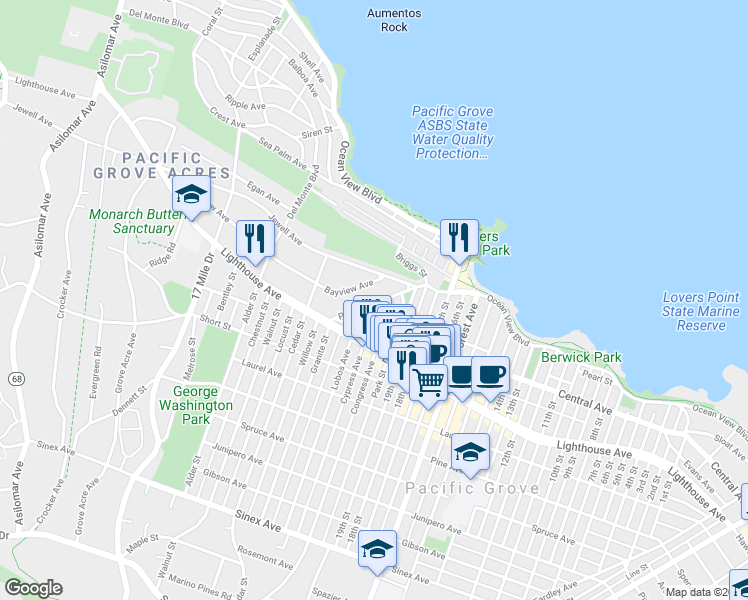 map of restaurants, bars, coffee shops, grocery stores, and more near 162 Pacific Avenue in Pacific Grove