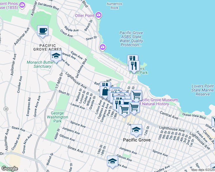 map of restaurants, bars, coffee shops, grocery stores, and more near 162 Pacific Avenue in Pacific Grove