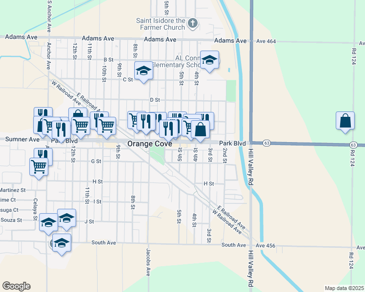 map of restaurants, bars, coffee shops, grocery stores, and more near 495 Park Boulevard in Orange Cove