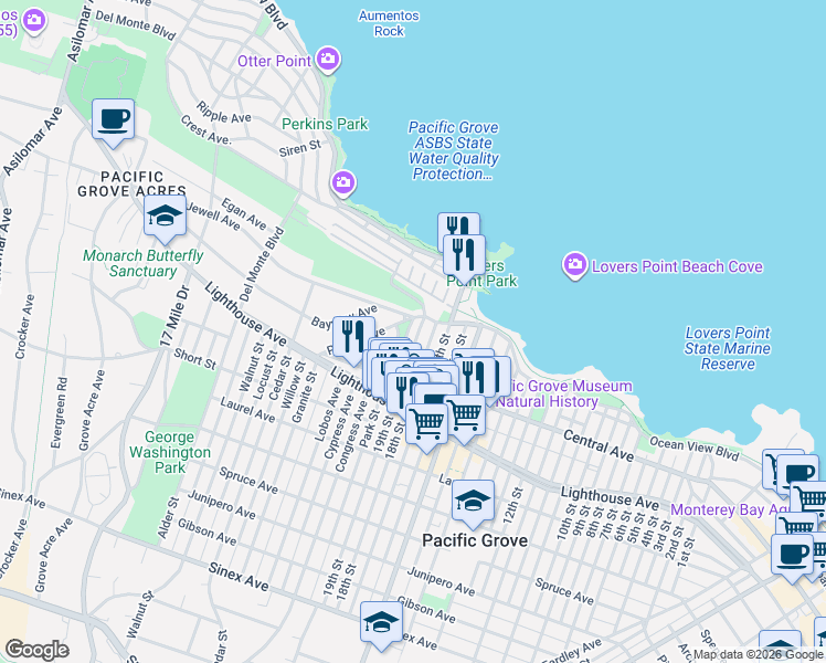 map of restaurants, bars, coffee shops, grocery stores, and more near 114 18th Street in Pacific Grove