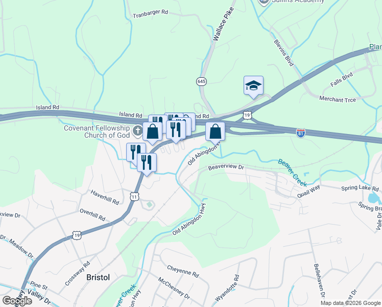 map of restaurants, bars, coffee shops, grocery stores, and more near 992 Old Abingdon Highway in Bristol