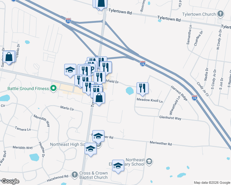 map of restaurants, bars, coffee shops, grocery stores, and more near 3855 Northeast Drive in Clarksville