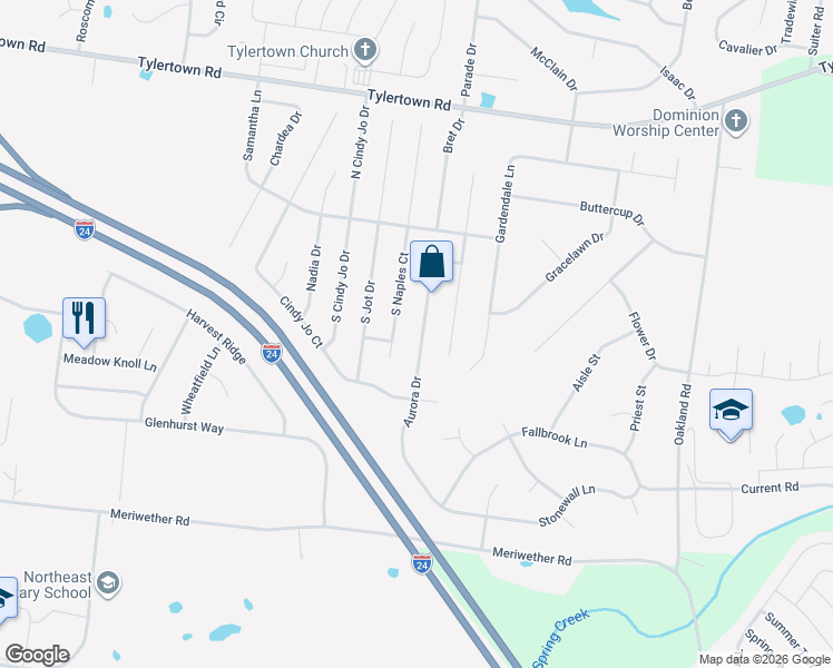 map of restaurants, bars, coffee shops, grocery stores, and more near 3632 Aurora Drive in Clarksville