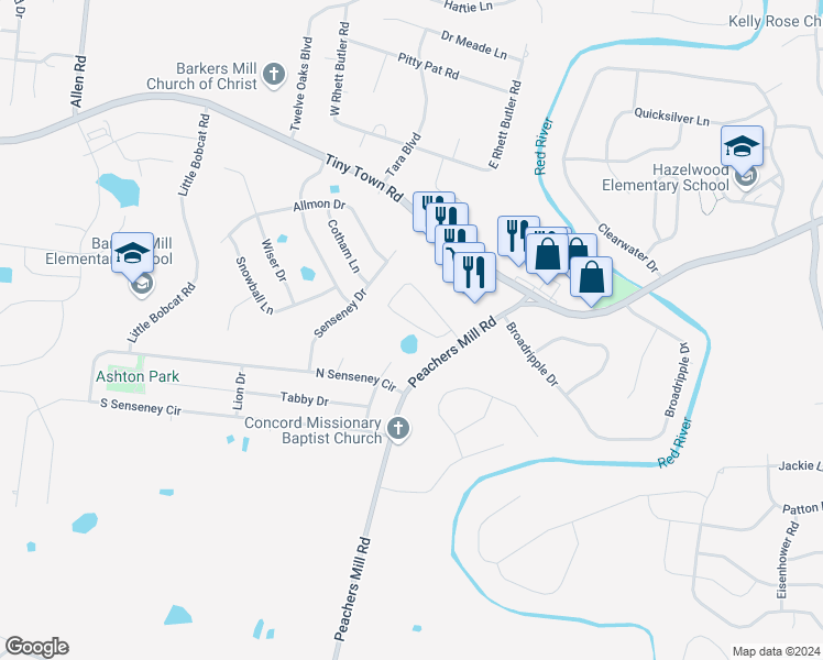 map of restaurants, bars, coffee shops, grocery stores, and more near 3253 Veranda Circle in Clarksville