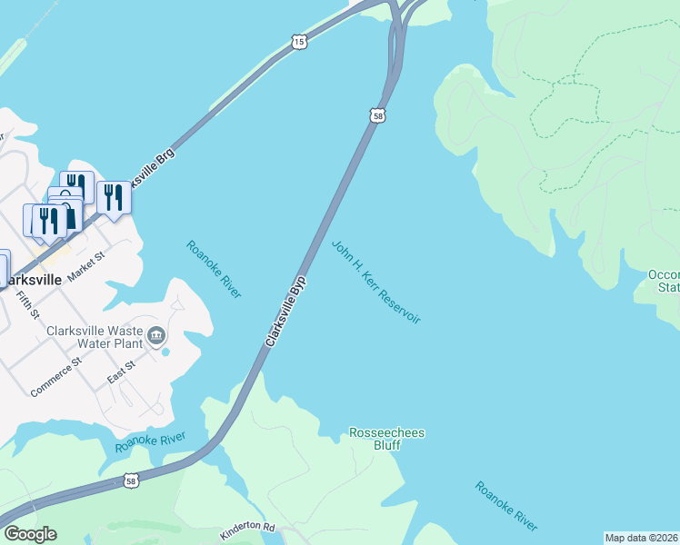 map of restaurants, bars, coffee shops, grocery stores, and more near U.S. 58 in Clarksville