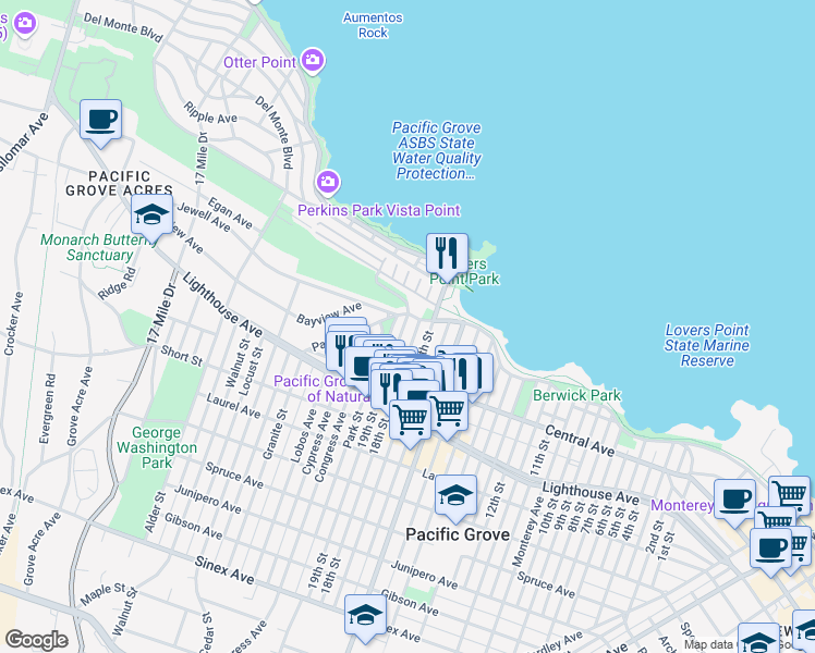 map of restaurants, bars, coffee shops, grocery stores, and more near 107 19th Street in Pacific Grove