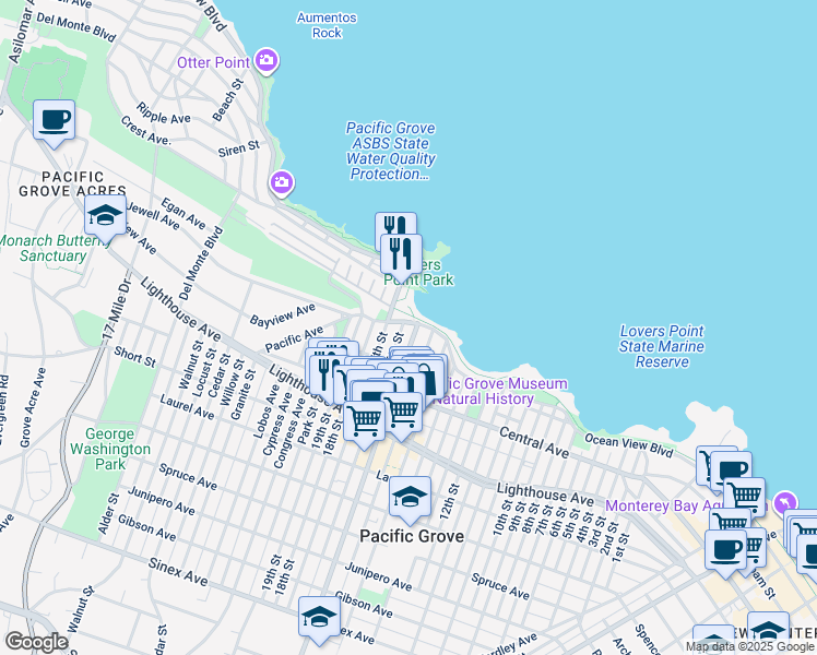 map of restaurants, bars, coffee shops, grocery stores, and more near 585 Ocean View Boulevard in Pacific Grove
