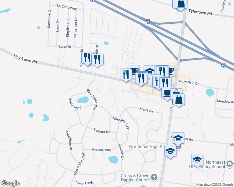 map of restaurants, bars, coffee shops, grocery stores, and more near 3879 MacKenzie Drive in Clarksville