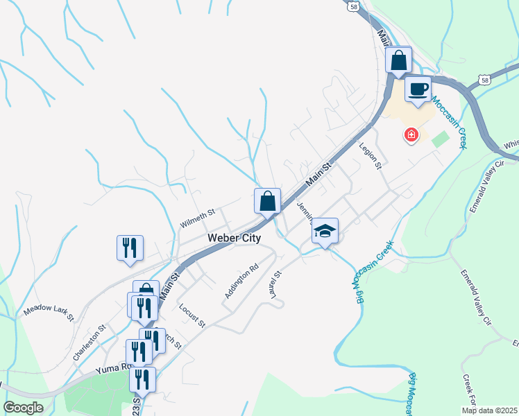 map of restaurants, bars, coffee shops, grocery stores, and more near 340 Main Street in Weber City