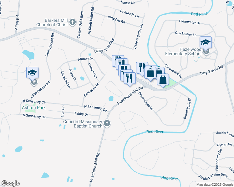 map of restaurants, bars, coffee shops, grocery stores, and more near 3260 Veranda Circle in Clarksville