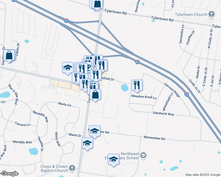 map of restaurants, bars, coffee shops, grocery stores, and more near 3865 Northeast Drive in Clarksville