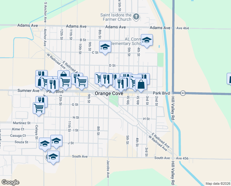 map of restaurants, bars, coffee shops, grocery stores, and more near 635 Park Boulevard in Orange Cove