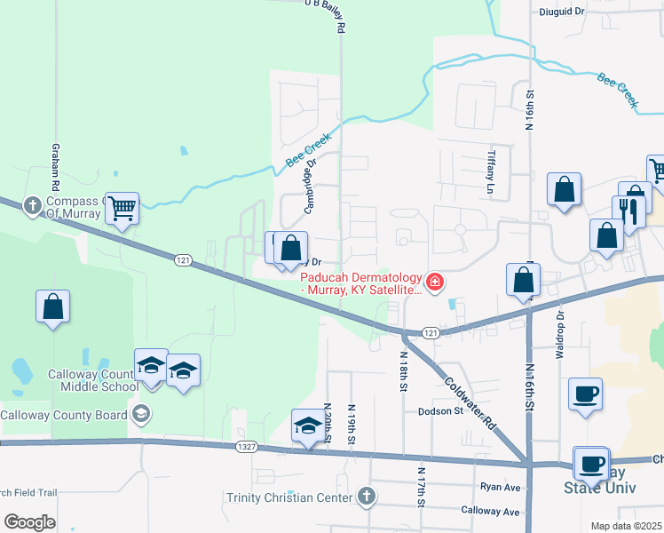 map of restaurants, bars, coffee shops, grocery stores, and more near 104 U B Bailey Road in Murray