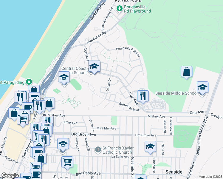 map of restaurants, bars, coffee shops, grocery stores, and more near 5100 Coe Avenue in Seaside