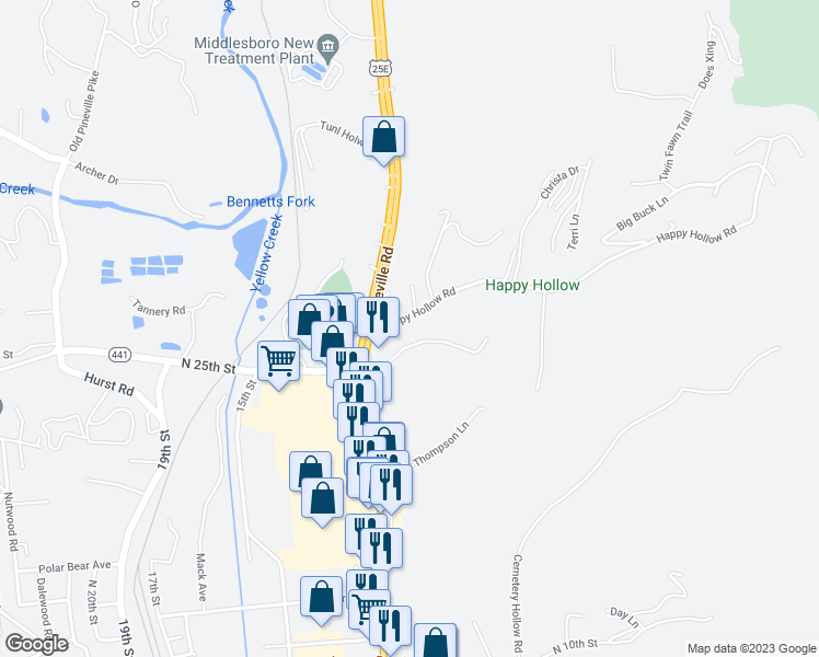 map of restaurants, bars, coffee shops, grocery stores, and more near 24 Happy Hollow Road in Middlesboro