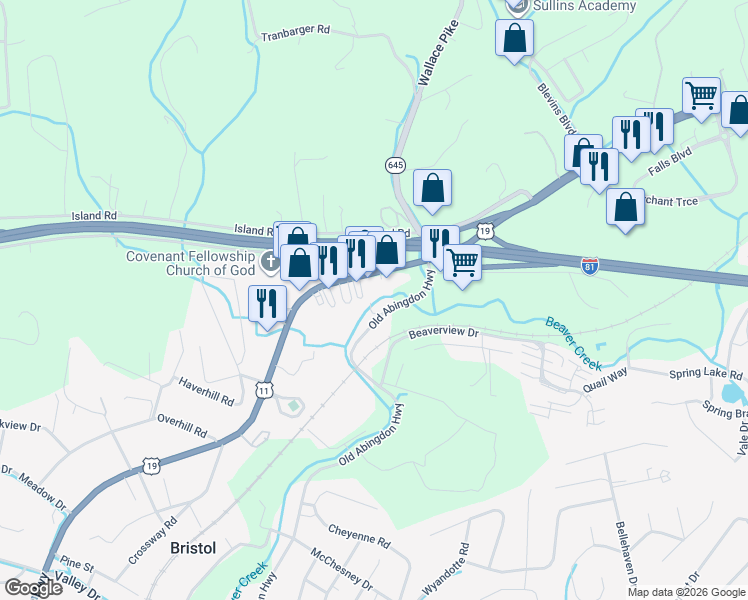 map of restaurants, bars, coffee shops, grocery stores, and more near 992 Old Abingdon Highway in Bristol