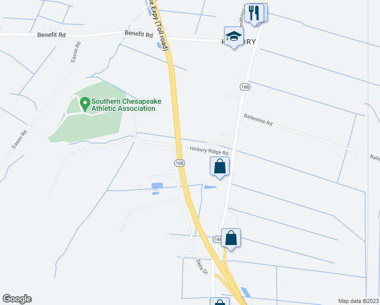 map of restaurants, bars, coffee shops, grocery stores, and more near 135 Hickory Ridge Road in Chesapeake