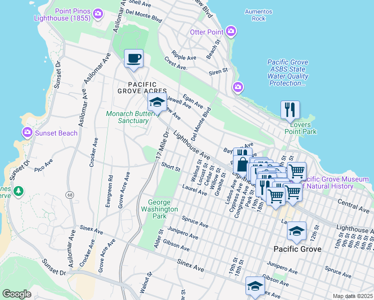 map of restaurants, bars, coffee shops, grocery stores, and more near 903 Lighthouse Avenue in Pacific Grove