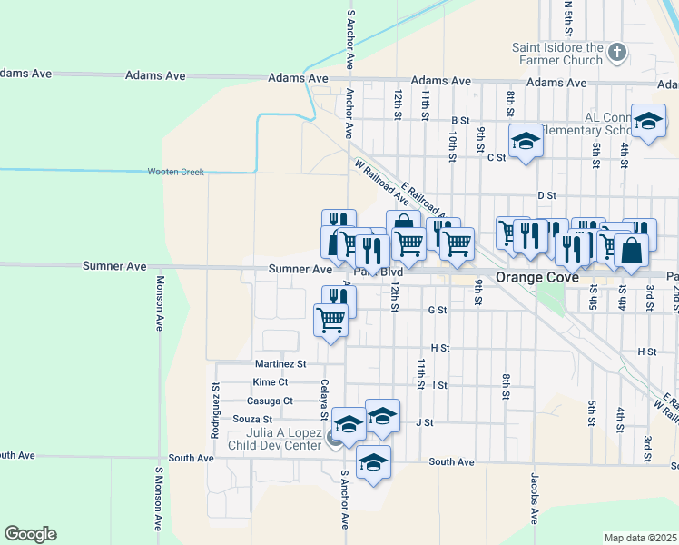 map of restaurants, bars, coffee shops, grocery stores, and more near 1330 Park Boulevard in Orange Cove