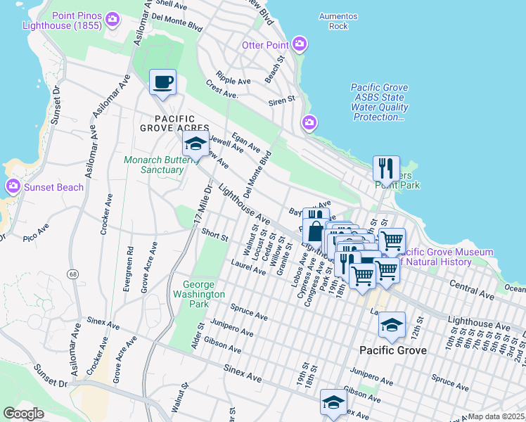 map of restaurants, bars, coffee shops, grocery stores, and more near 854 Lighthouse Avenue in Pacific Grove