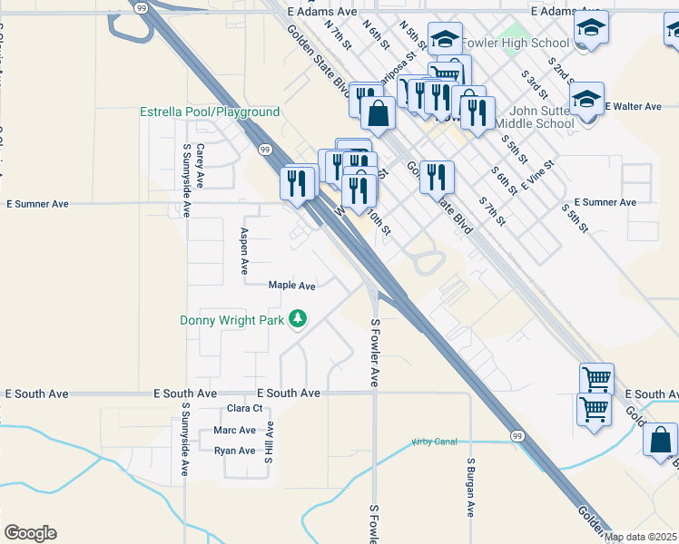 map of restaurants, bars, coffee shops, grocery stores, and more near 237 Palm Court in Fowler