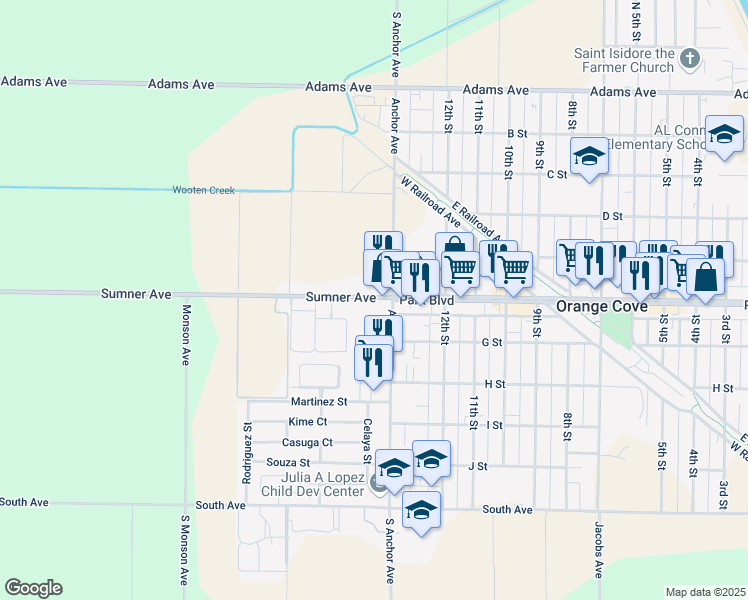 map of restaurants, bars, coffee shops, grocery stores, and more near 1330 Park Boulevard in Orange Cove