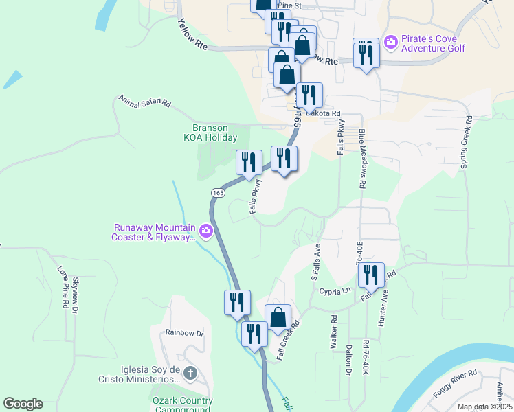 map of restaurants, bars, coffee shops, grocery stores, and more near 3245 Falls Parkway in Branson