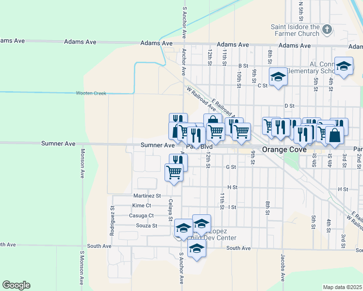 map of restaurants, bars, coffee shops, grocery stores, and more near 1525 Park Boulevard in Orange Cove
