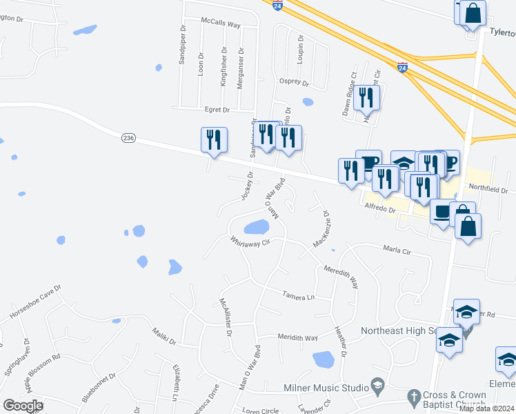 map of restaurants, bars, coffee shops, grocery stores, and more near 1927 Whirlaway Circle in Clarksville