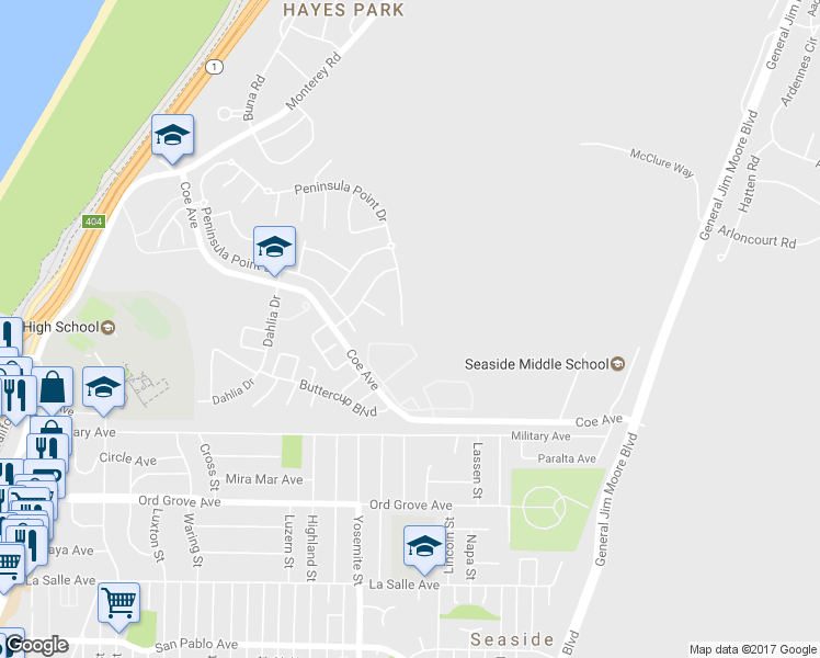 map of restaurants, bars, coffee shops, grocery stores, and more near 4110 Peninsula Point Drive in Seaside