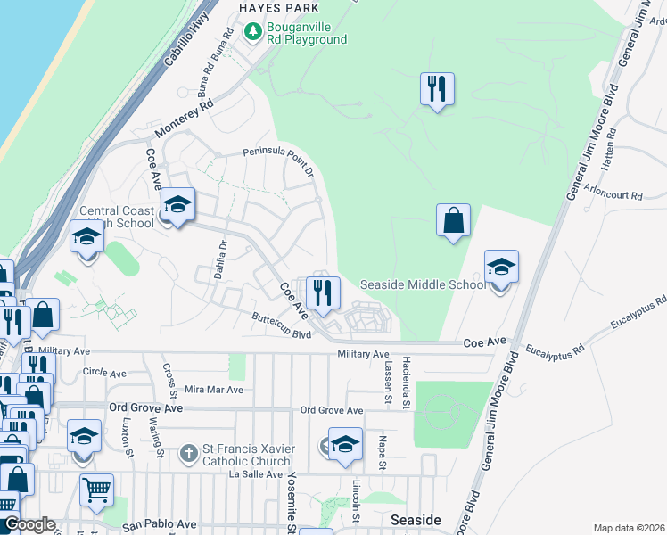 map of restaurants, bars, coffee shops, grocery stores, and more near 4110 Peninsula Point Drive in Seaside