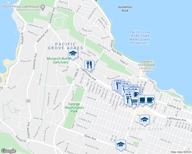 map of restaurants, bars, coffee shops, grocery stores, and more near 845 Lighthouse Avenue in Pacific Grove