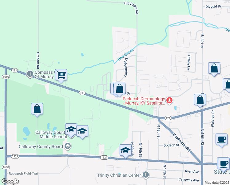 map of restaurants, bars, coffee shops, grocery stores, and more near 1230 Kentucky 121 in Murray