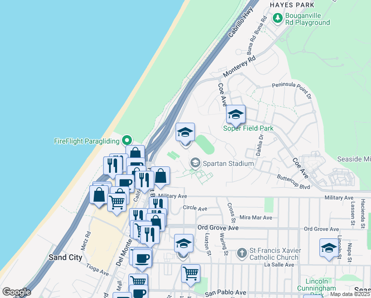 map of restaurants, bars, coffee shops, grocery stores, and more near 2200 Noche Buena Street in Seaside