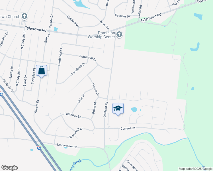 map of restaurants, bars, coffee shops, grocery stores, and more near 3674 Oakland Road in Clarksville