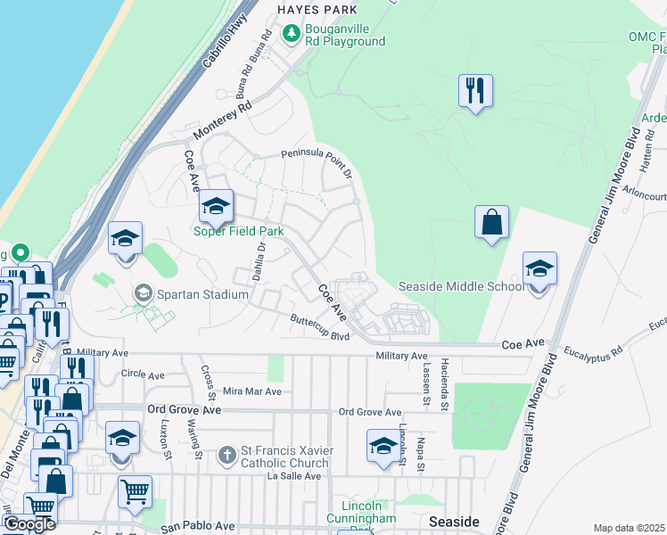 map of restaurants, bars, coffee shops, grocery stores, and more near 5125 Peninsula Point Court in Seaside