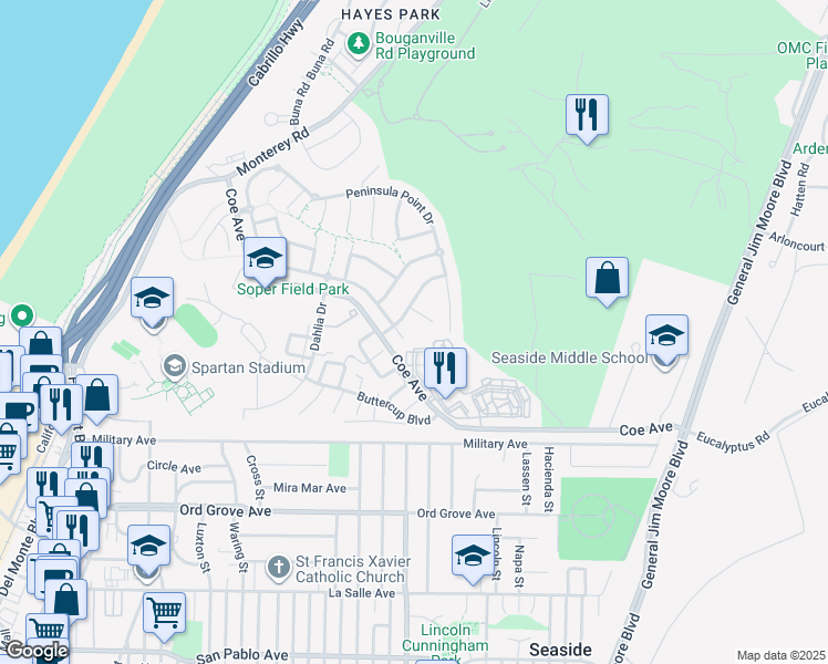 map of restaurants, bars, coffee shops, grocery stores, and more near 5125 Peninsula Point Court in Seaside