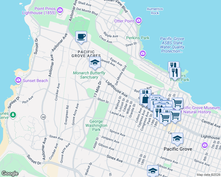 map of restaurants, bars, coffee shops, grocery stores, and more near in Pacific Grove