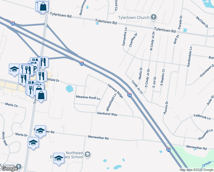 map of restaurants, bars, coffee shops, grocery stores, and more near 3787 Harvest Ridge in Clarksville