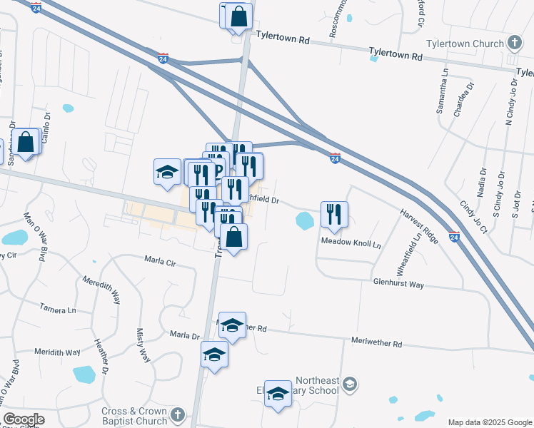 map of restaurants, bars, coffee shops, grocery stores, and more near 1235 Northfield Drive in Clarksville